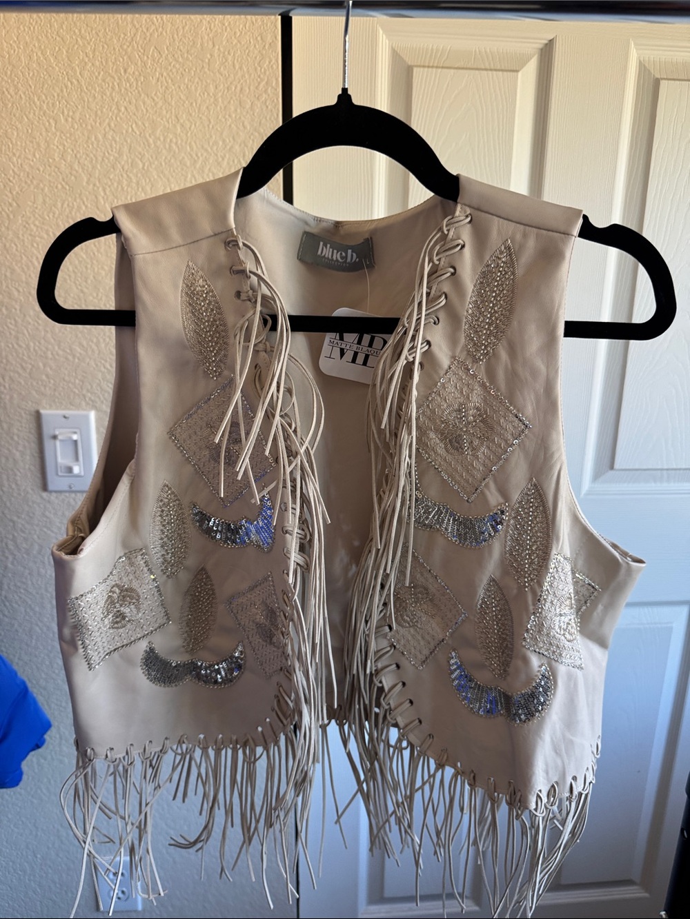 Beige Fringe Beaded Leather Vest - Women’s